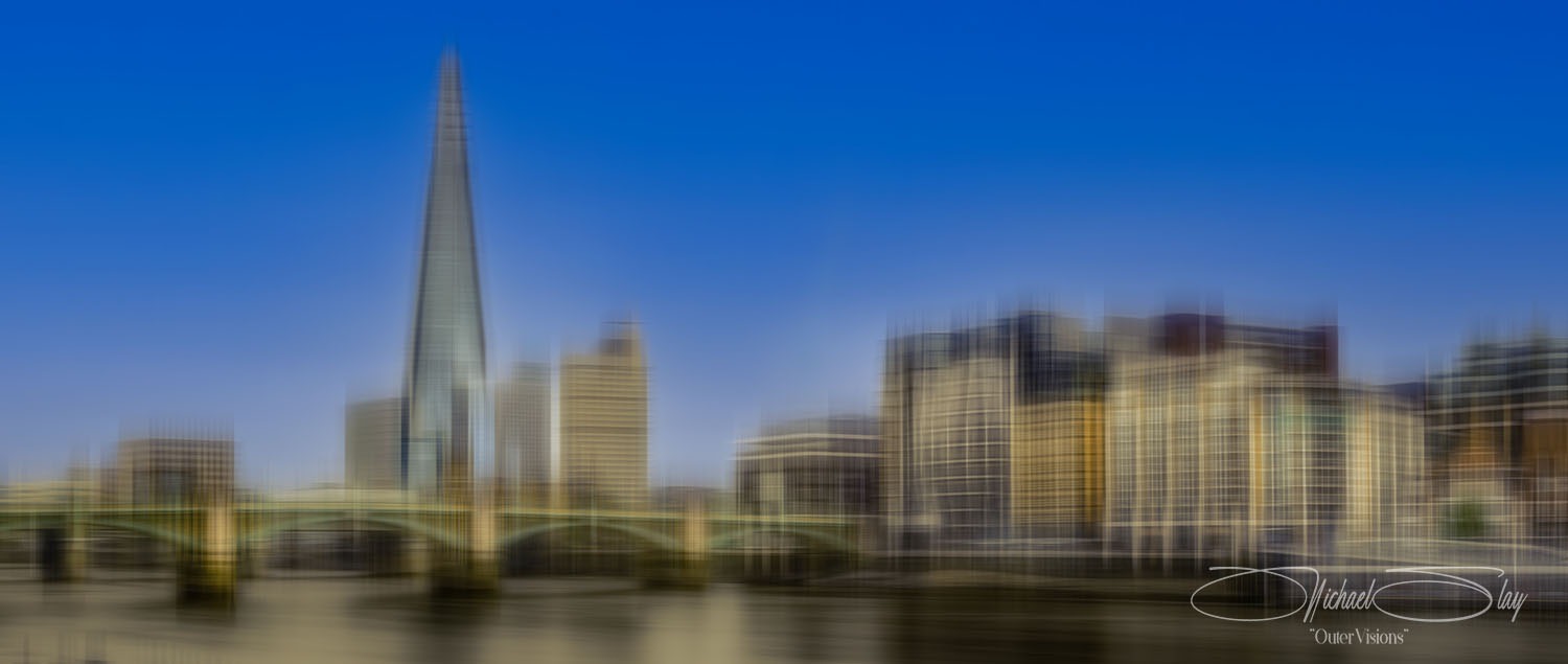 An impressionistic Thames skyline with the Shard and waterfront buildings under a vivid blue sky